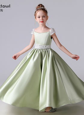 迪迪淘女童晚礼服公主裙浅绿色儿童钢琴管弦乐演出服圆锁礼服缎面