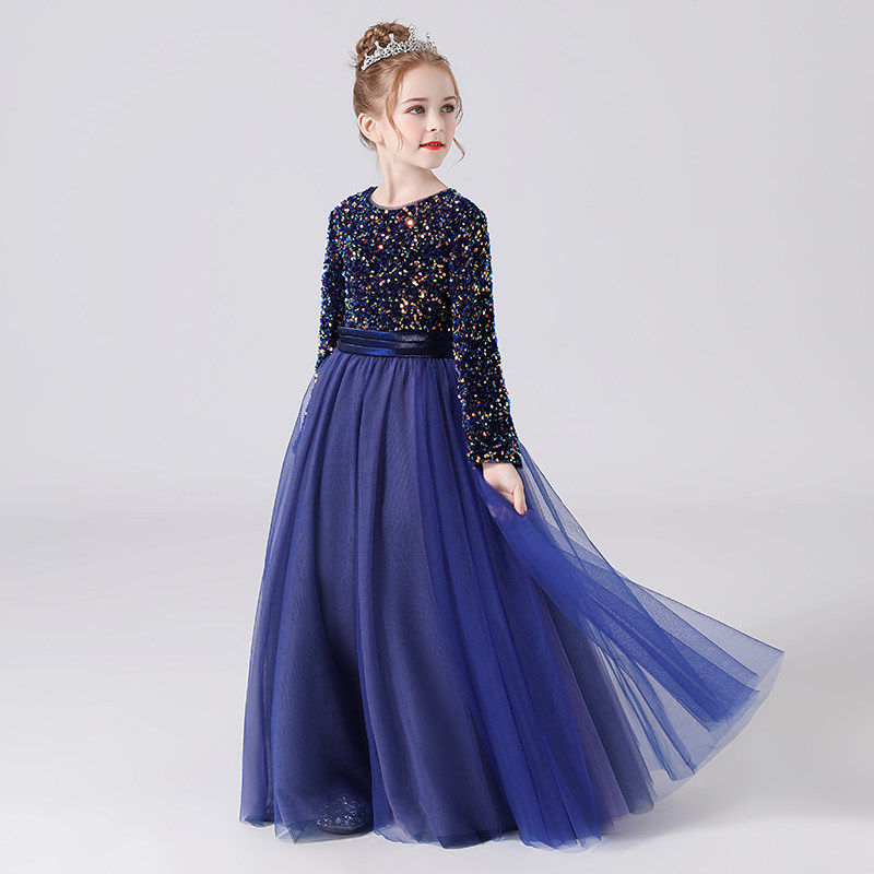 湖蓝色长袖女童蓬蓬纱钢琴演出服