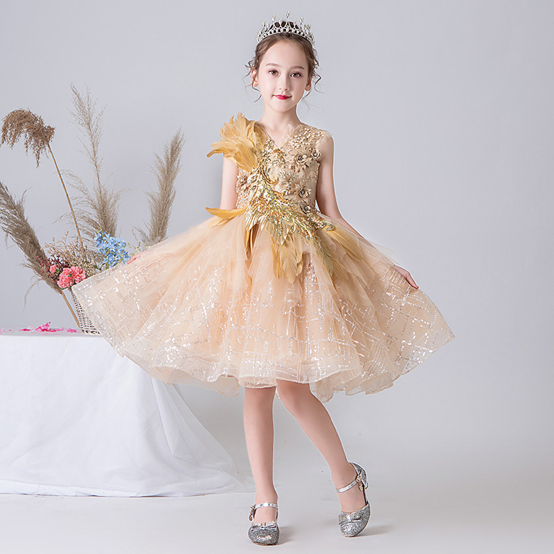 儿童礼服公主裙金色女童模特走秀高端小女孩洋气蓬蓬纱钢琴演出服
