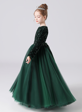 女童音乐会独唱礼服裙儿童钢琴演出服墨绿色中大童高端主持人礼服