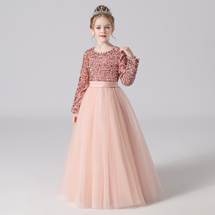 儿童晚礼服高贵肉粉生日公主裙女童蓬蓬纱钢琴演出服长袖亮片礼服