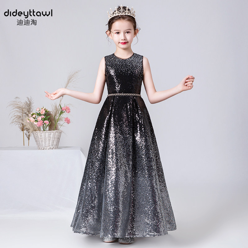 高端气质黑色亮片长裙儿童演出服