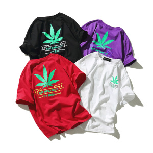 夏季宽松麻叶印花短袖t恤