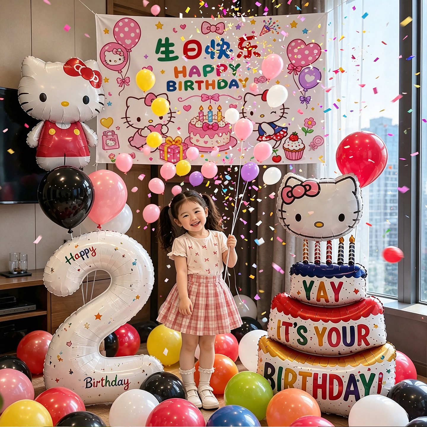 气球雨可爱KT猫卡通气球套装女孩生日高级感派对场景布置主题套装