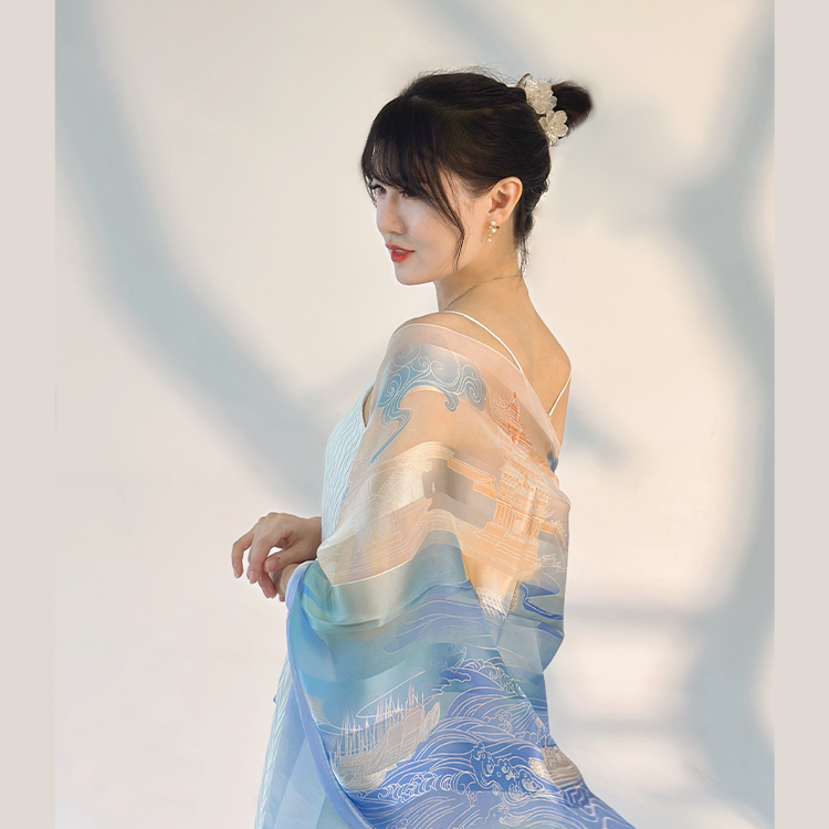 江汉揽胜图女士真丝巾缎条绡真桑蚕丝送礼高端礼盒高端礼物