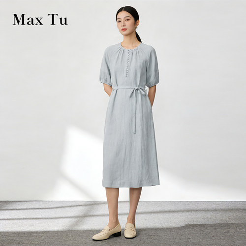 MaxTu亚麻短袖收腰中长连衣裙