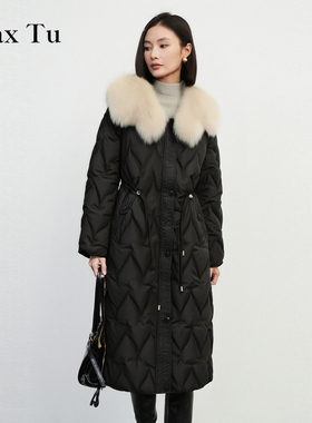 Max Tu女装2025冬显瘦可脱卸狐狸毛领连帽中长款90鹅绒加厚羽绒服