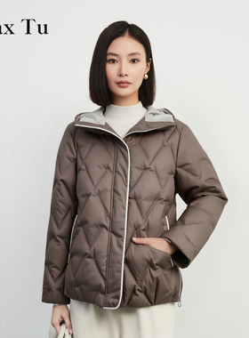 Max Tu女装2025年冬新款洋气短款显瘦宽松收腰白鸭绒连帽羽绒服