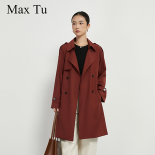Tu女装 长袖 2025春秋新款 收腰显瘦酒红长款 风衣外套 宽松大码 Max