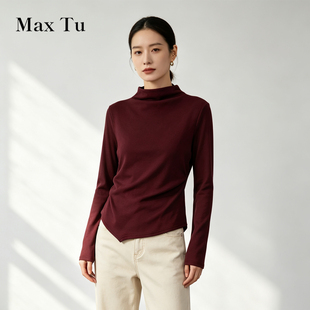 Max Tu女装26秋极简高领酒红色棉质针织衫长袖套头显瘦百搭打底衫