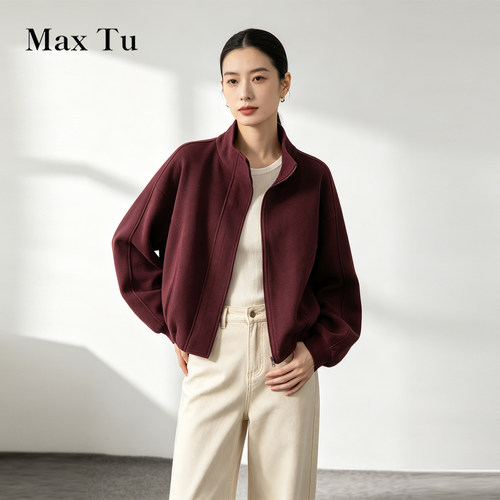 MaxTu极简立领酒红棉质针织外套
