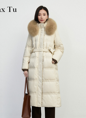 Max Tu女装2025冬新款时尚狐狸毛领连帽白鸭绒长款加厚羽绒服