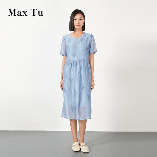 MaxTu女装春夏短袖亚麻连衣裙