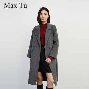 Max Tu女装2024冬新款宽松大码茧型毛呢外套廓中长款形双面呢大衣