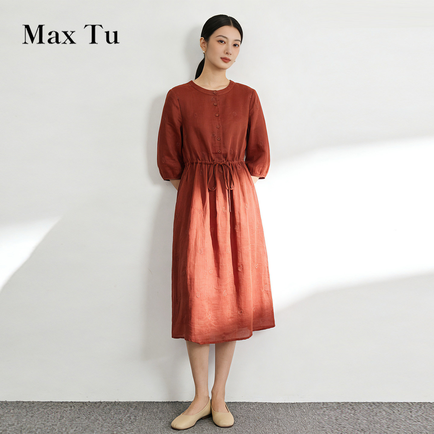 MaxTu春秋收腰显瘦苎麻连衣裙