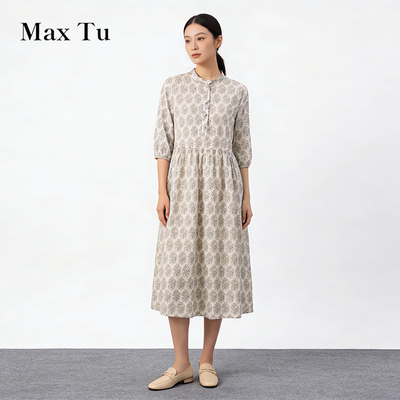 MaxTu全棉收腰显瘦七分袖连衣裙