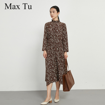 MaxTu春秋中年长袖雪纺连衣裙