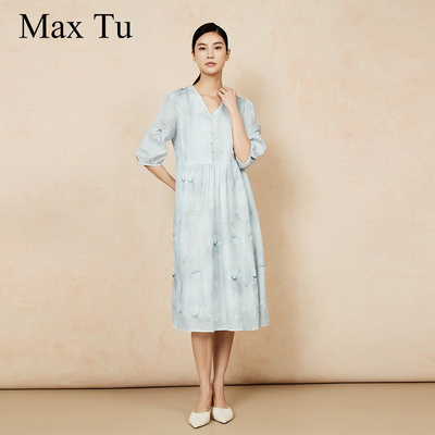 MaxTu夏显瘦V领短袖苎麻连衣裙