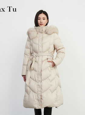 Max Tu女装2025年冬新款可推卸狐狸毛领中长款加厚90白鹅绒羽绒服