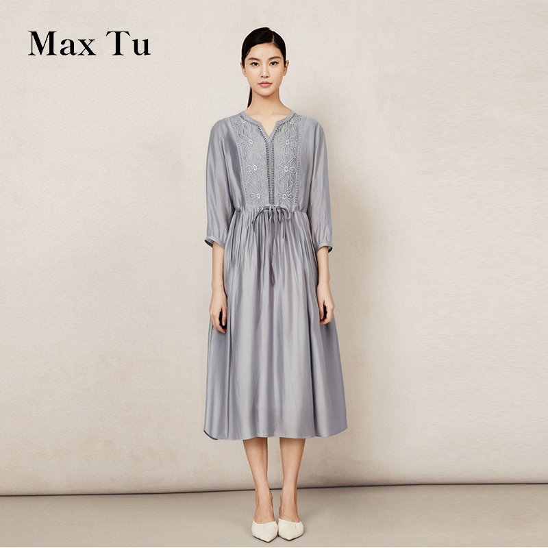 Max Tu女装2025年夏新款宽松大码收腰显瘦新中式天丝短袖连衣裙