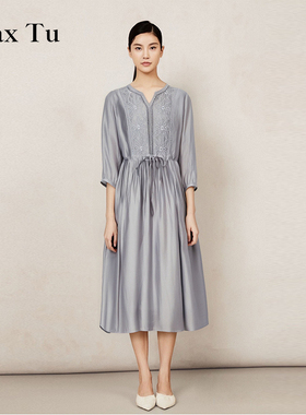 Max Tu女装夏新款宽松大码收腰显瘦新中式天丝短袖连衣裙