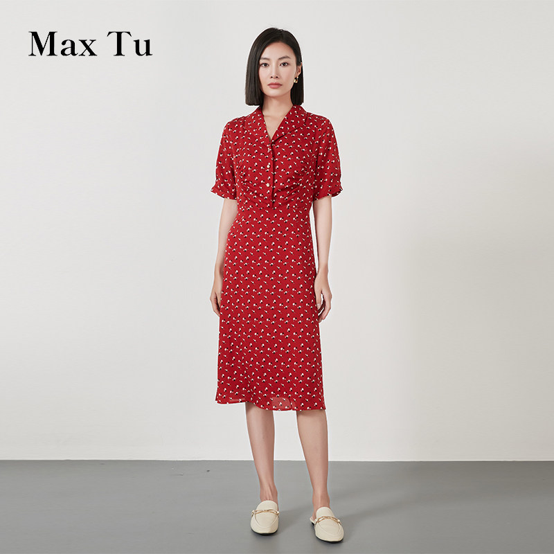 Max Tu女装夏新款宽松大码收腰显瘦红色雪纺薄款短袖连衣裙