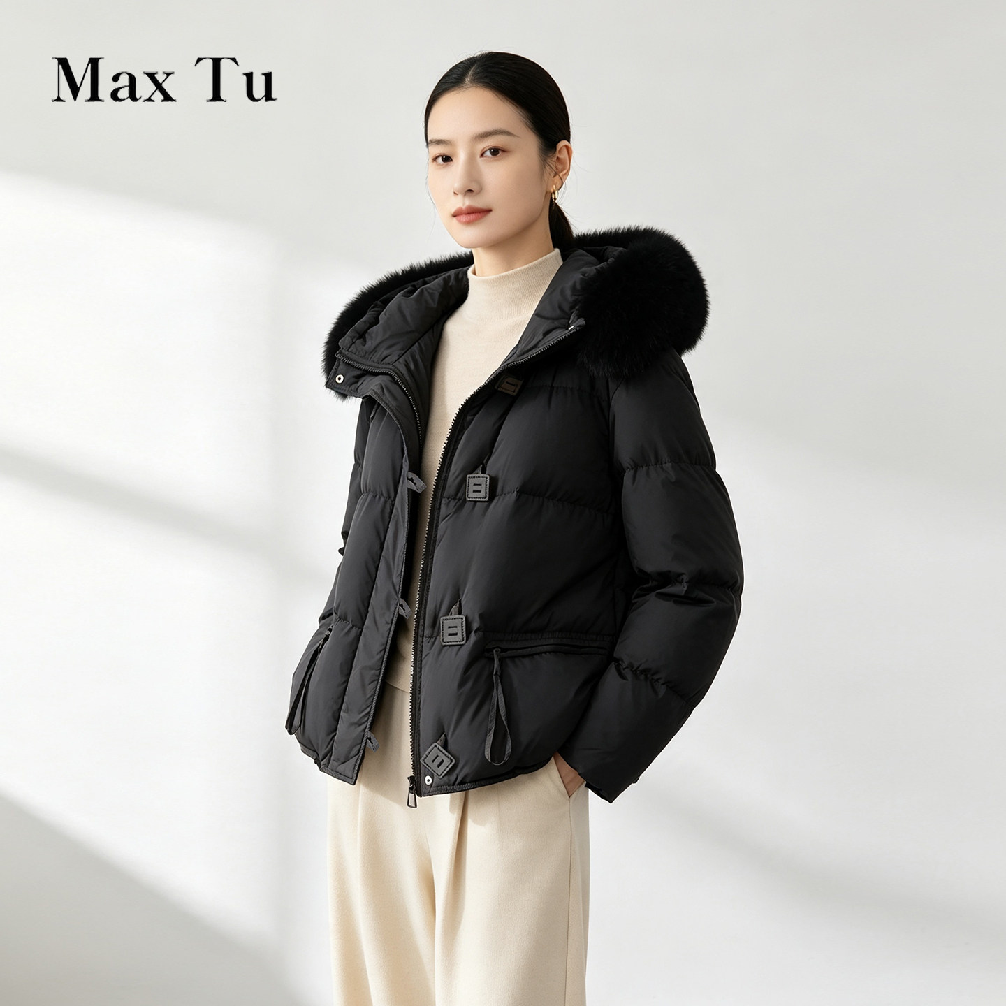 Max Tu女装26冬宽松大码狐狸真毛领连帽羽绒服加厚保暖白鸭绒外套