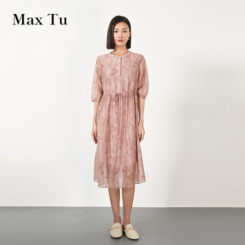 MaxTu时尚碎花短袖亚麻连衣裙
