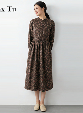 Max Tu女装2026春复古文艺风立领碎花收腰显瘦优雅长裙长袖连衣裙