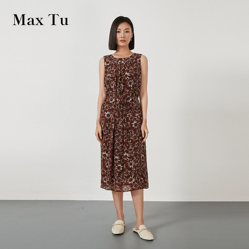 MaxTu法式复古无袖雪纺连衣裙