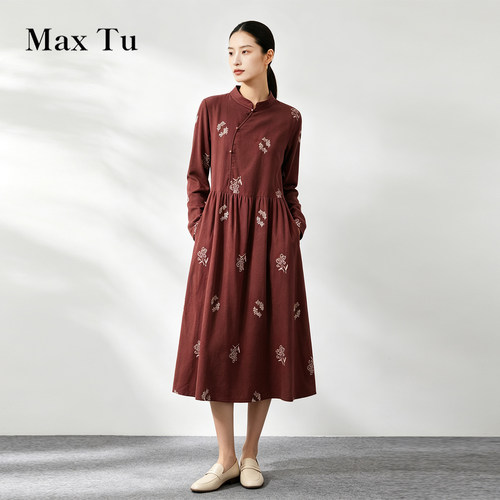 MaxTu新中式全棉盘扣刺绣长裙