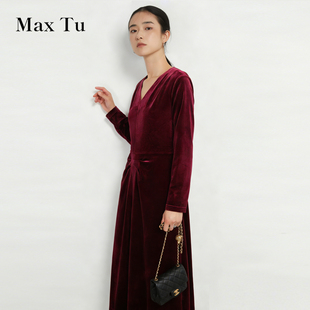V领长袖 2026春新款 收腰显瘦优雅气质裙复古丝绒连衣裙 Tu女装 Max