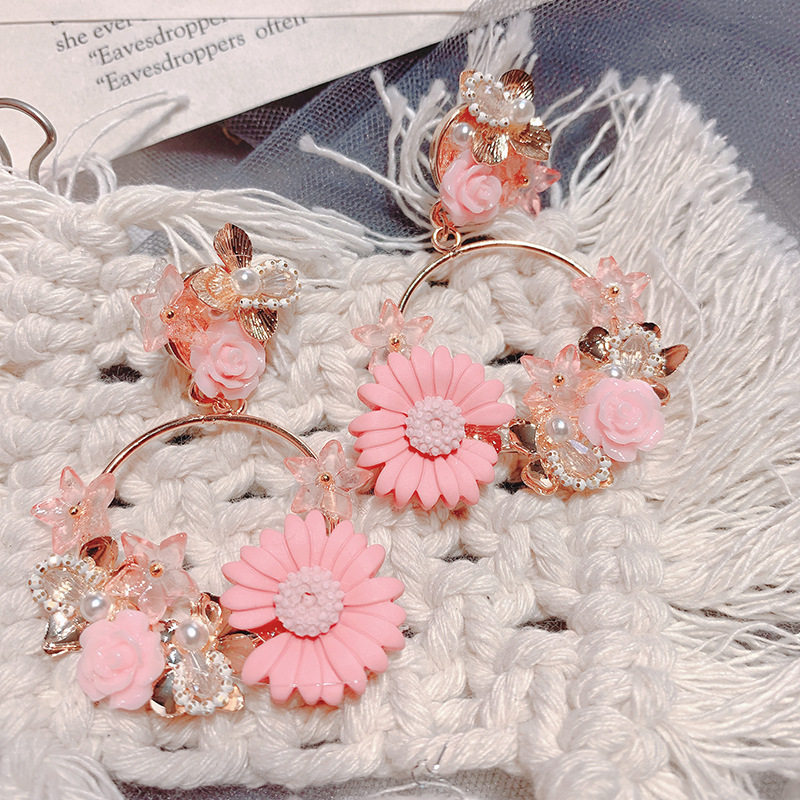 雅梦缇东大门新款粉色公主风配饰 软陶花朵天然石耳坠 手作夸张耳