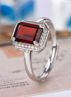 宇彩新品925银镶嵌天然石榴石戒指轻奢时尚简约可调节活圈包邮