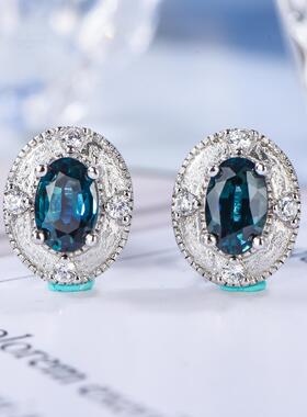 宇彩新品925银镶嵌天然蓝宝石耳钉轻奢宫廷风格个性百搭时尚包邮