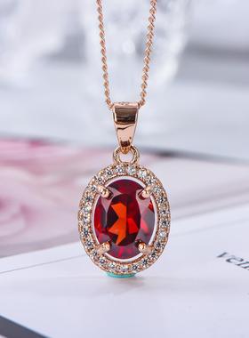 宇彩新品925银镶嵌天然石榴石吊坠红色椭圆轻奢时尚送银链包邮