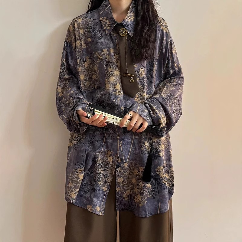 美式复古休闲街头新中式穿搭紫色印花长袖衬衫男女宽松内搭衬衣潮