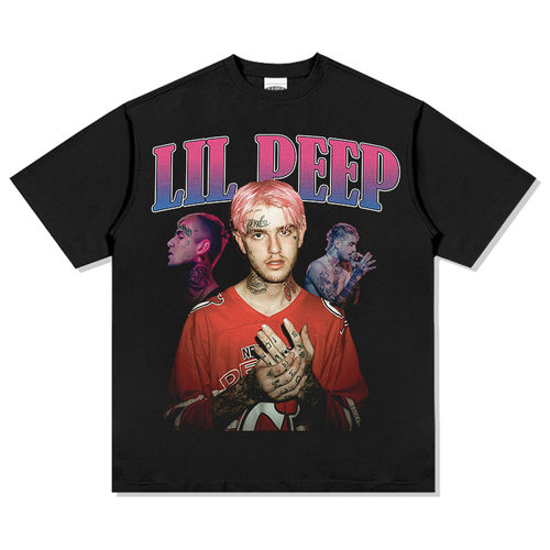 嘻哈lil peep印花高街短袖T恤vintage水洗重磅纯棉圆领连帽卫衣