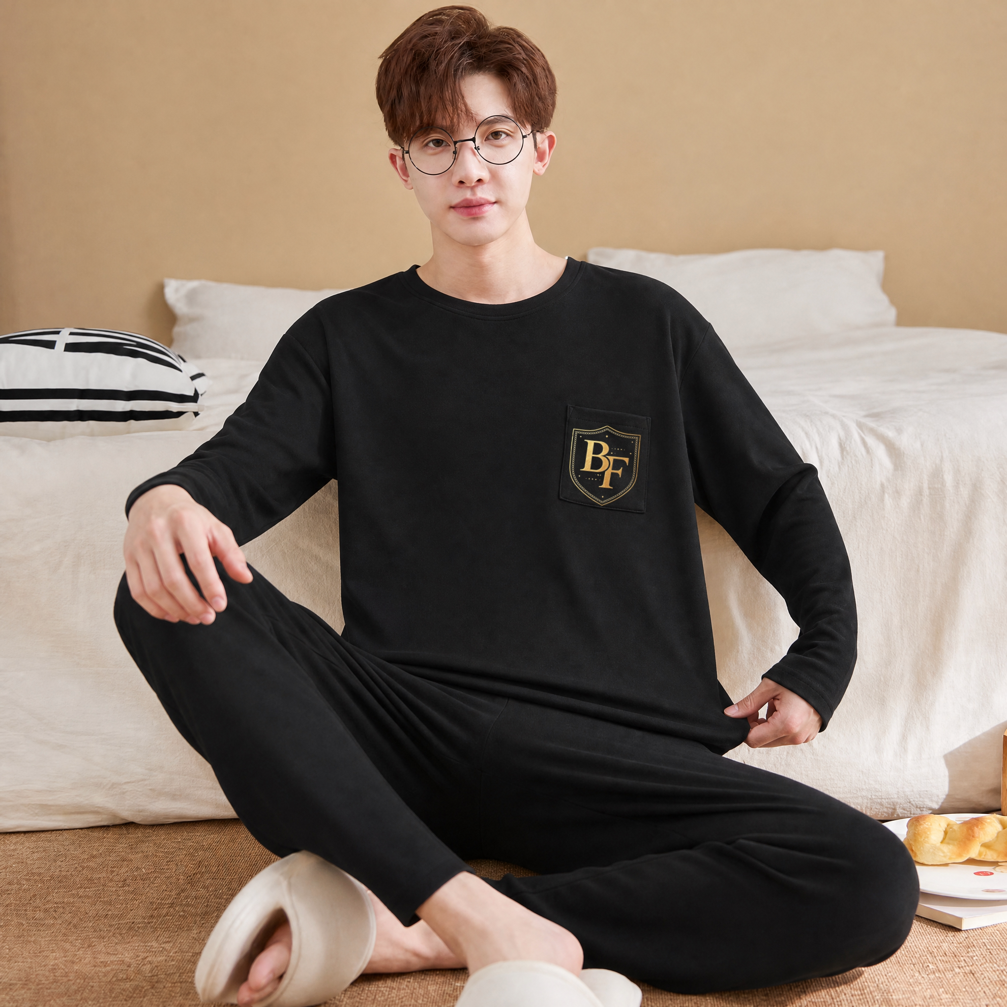 德绒睡衣男长袖冬季圆领春秋保暖休闲宽松秋冬款加大码家居服套装