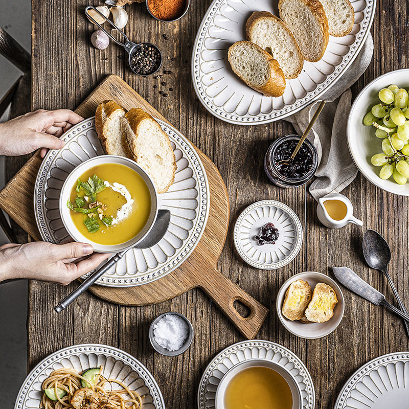 樱上花札 复古浮雕陶瓷套装家用餐盘餐碗意面盘汤碗 珠点菊花餐具,餐饮具,盘,淘宝优惠券,粉丝福利购,淘宝优惠卷