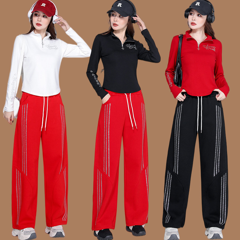 春秋新款广场舞上衣立领运动健身跑步跳操镶钻棉长袖女跳舞衣服装