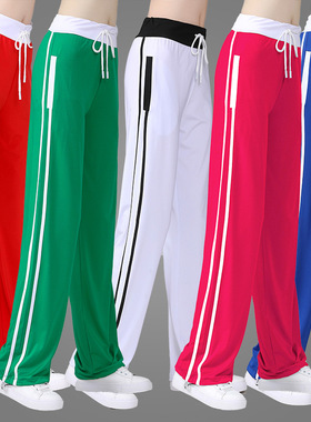 广场舞跳舞裤子女春夏季薄款绿色阔腿运动健身练功裤直筒速干长裤