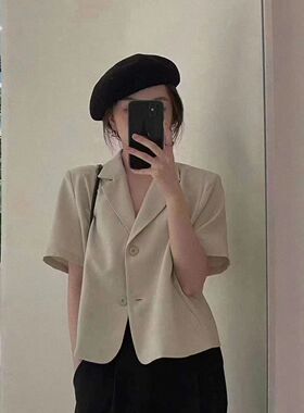 短袖西装外套女2022夏季高级感小个子短款上衣宽松垂感小西服时尚