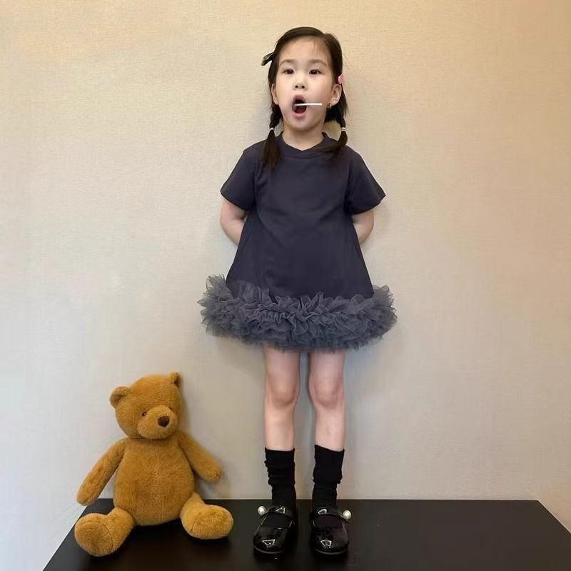 女童韩版纯色短袖连衣裙夏季2025新款儿童宝宝拼接网纱T恤裙子薄