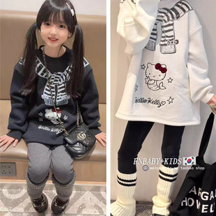 女童卡通印花连衣裙秋冬加厚保暖加绒中长款卫衣可爱休闲长袖裙子