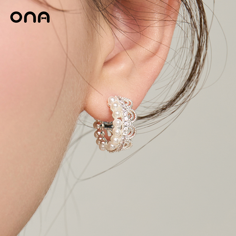 ona优雅蕾丝边珍珠耳圈耳扣女
