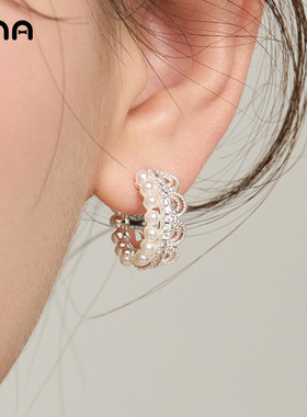 ona优雅蕾丝边珍珠耳圈耳扣女轻奢小众高级感耳环耳圈耳坠耳饰品