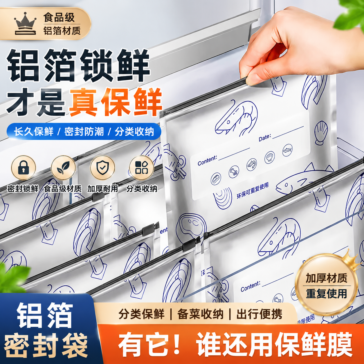 铝箔保鲜袋食品级拉链式加厚家用冰箱冷冻密封袋可重复使用不串味
