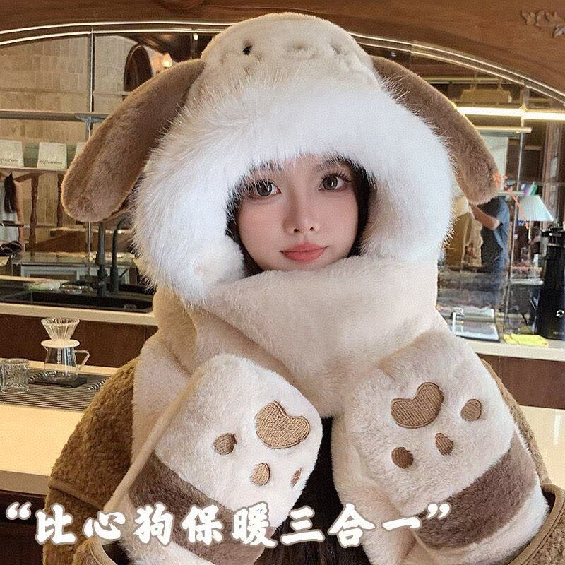 加厚可爱耳朵帽子围巾手套一体女冬季保暖防寒围脖毛绒儿童三件套,居家日用,头部防护用品,淘宝优惠券,粉丝福利购,淘宝优惠卷