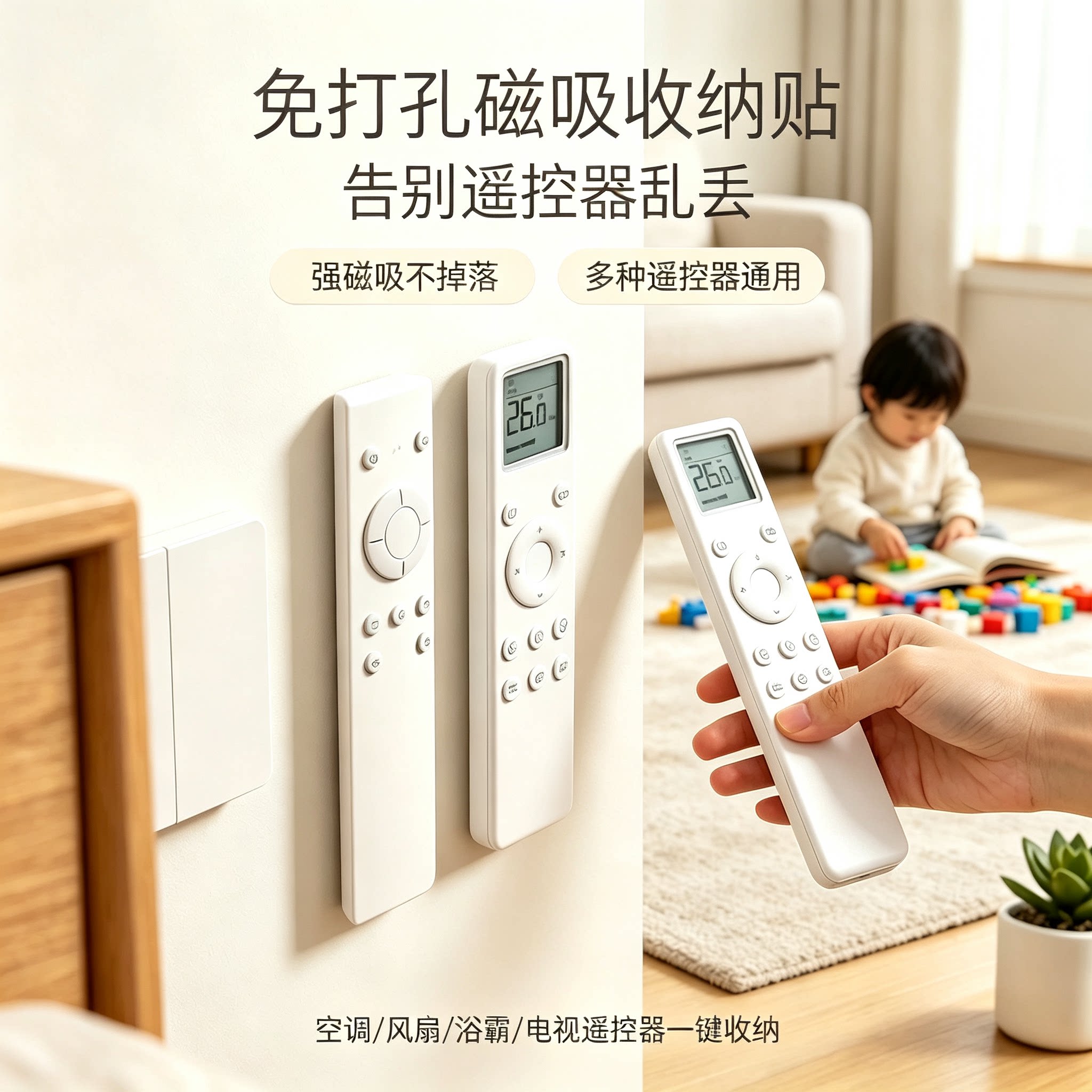 遥控器磁吸贴收纳上墙免打孔壁挂稳固磁片插线板固定器子母扣挂钩